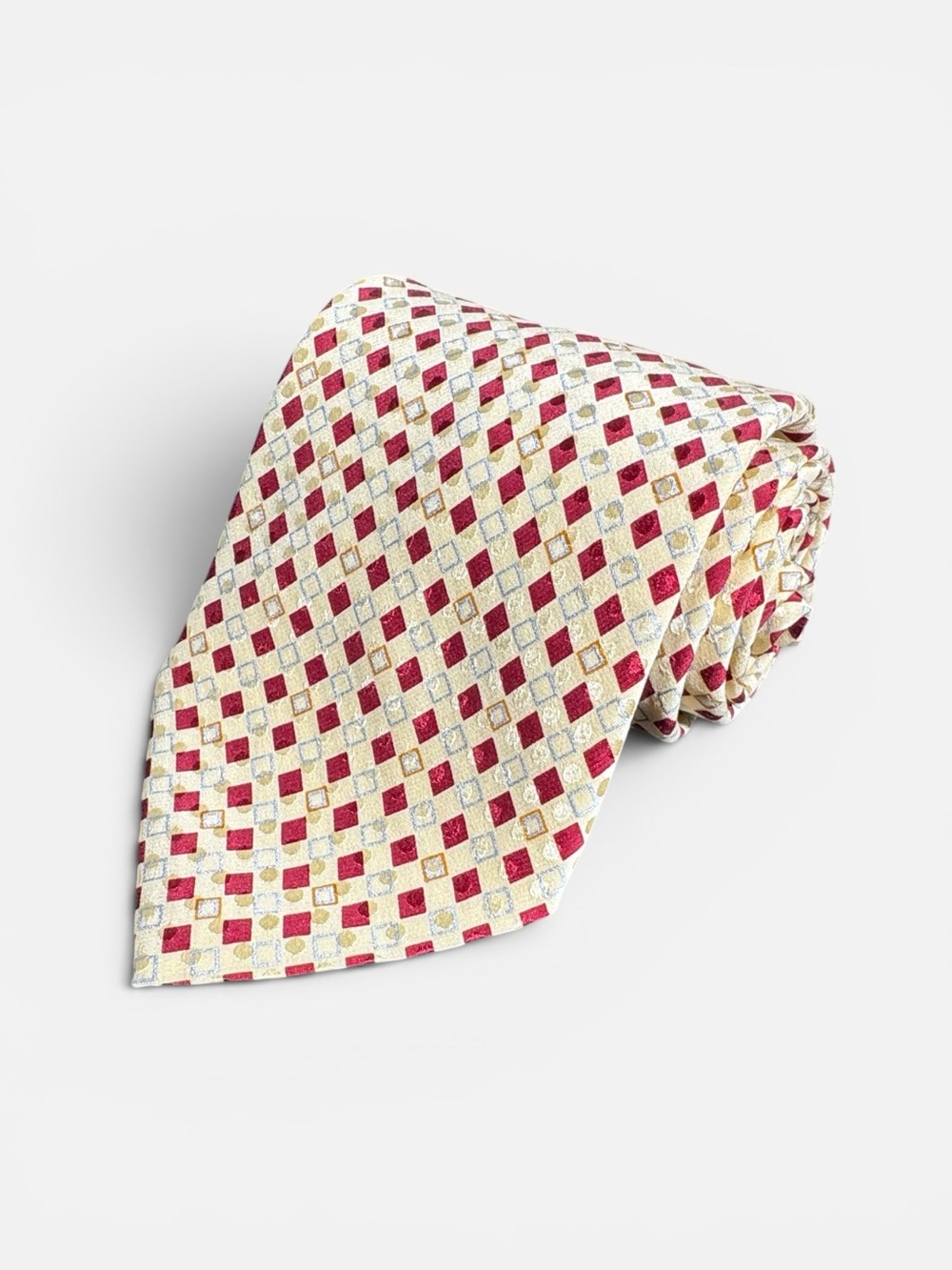 Brioni mens yellow red diamond geometric pattern 100% silk tie EUC